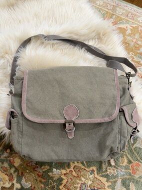 Vintage Army Messenger Bag Olive Green Cotton & Suede Leather Trim